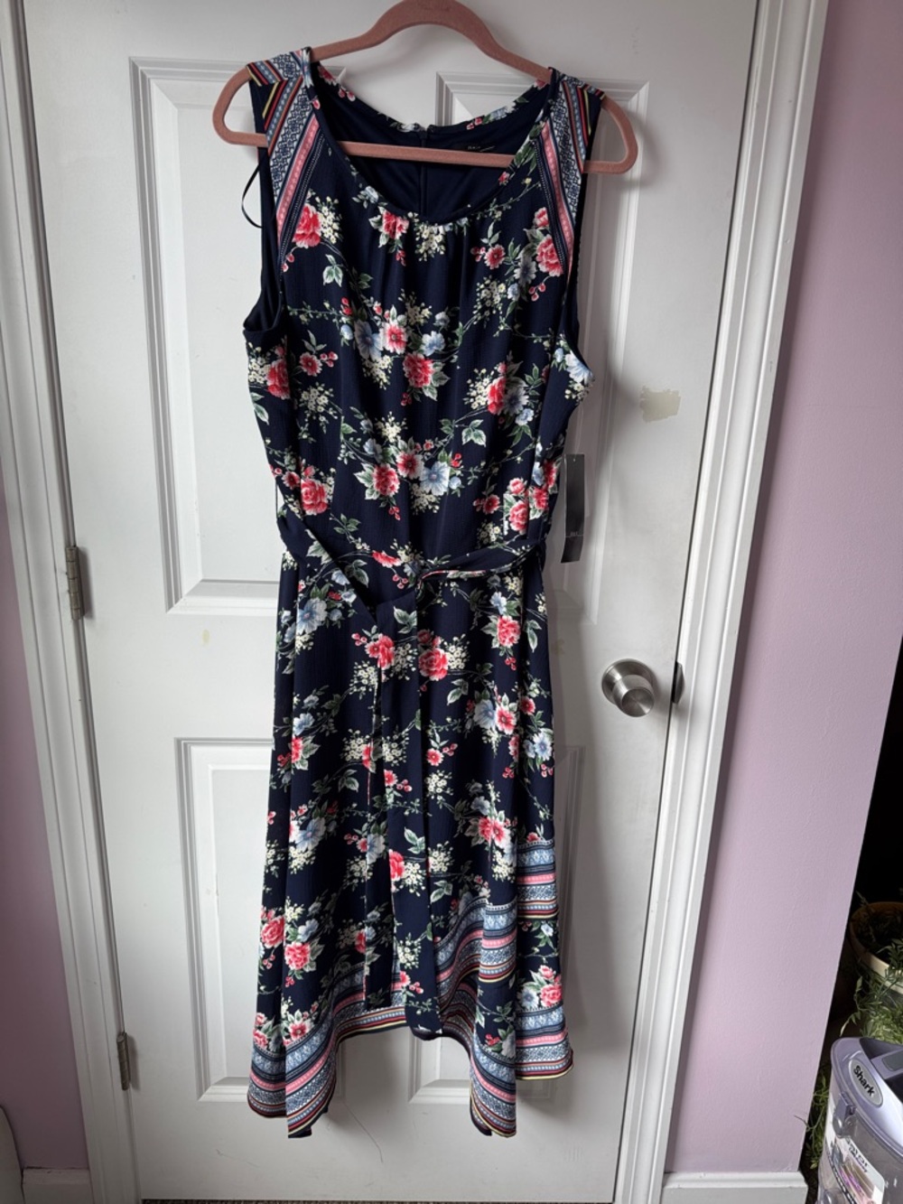 R&K Navy Floral Sleeveless Midi Dress with Tie Waist and Border Print NWT